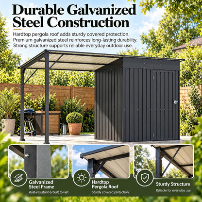 LAUSAINT HOME 10 x 3 FT 2-in-1 Metal Outdoor Storage Shed with Hardtop Gazebo, Lockable Galvanized Steel Lean-to Tool Shed with Sloped Roof, Black