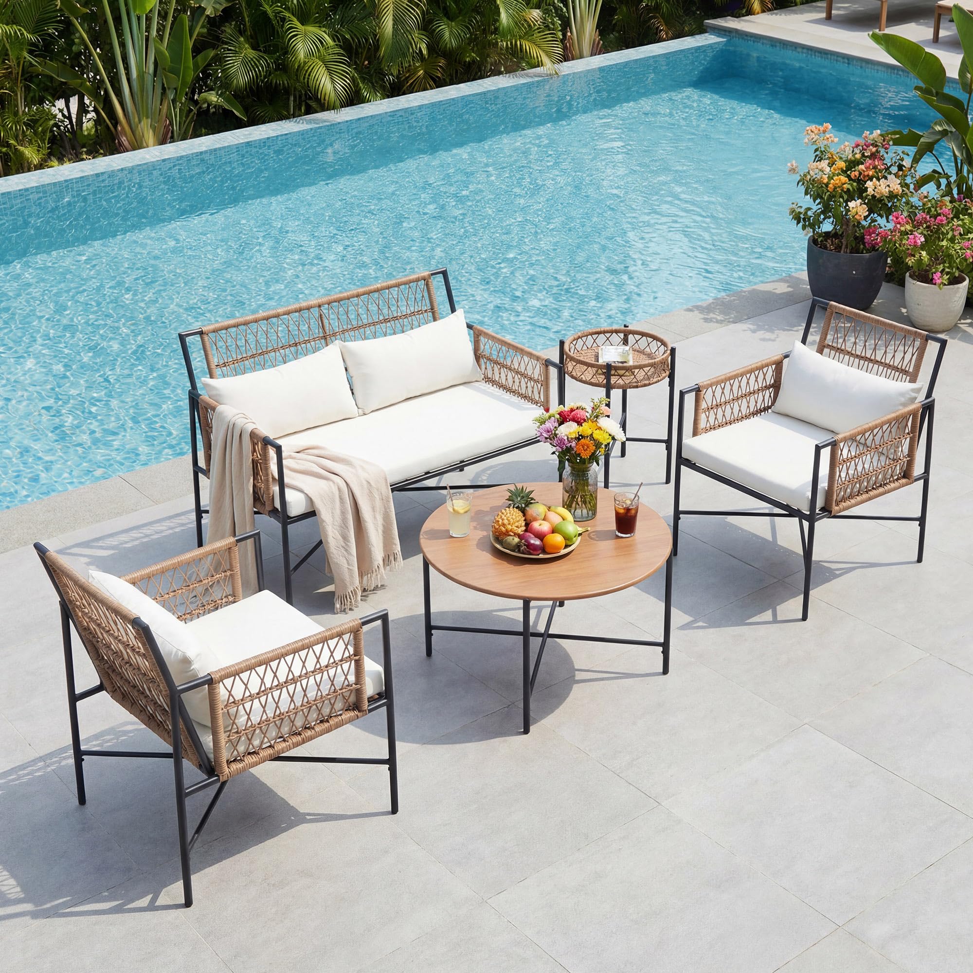 LAUSAINT HOME 5 Piece Patio Furniture Set, Outdoor Wicker Conversation Set with 2 PE Rattan Armchairs