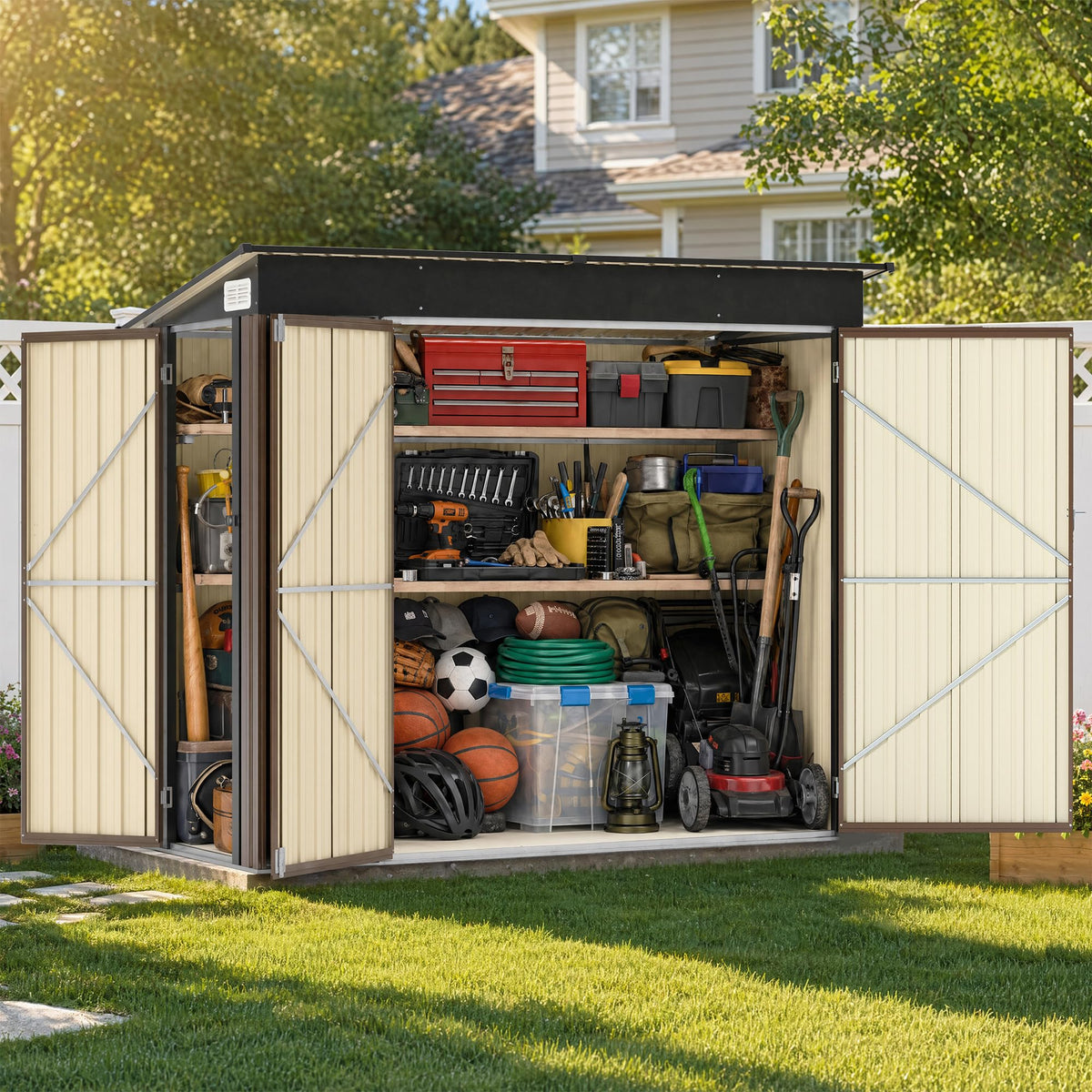 LAUSAINT HOME 8 x 6 FT Outdoor Storage Shed with Window, Galvanized Steel Storage Shed, Double Lockable Doors, Gable Roof &amp; Air Vent for Backyard, Brown