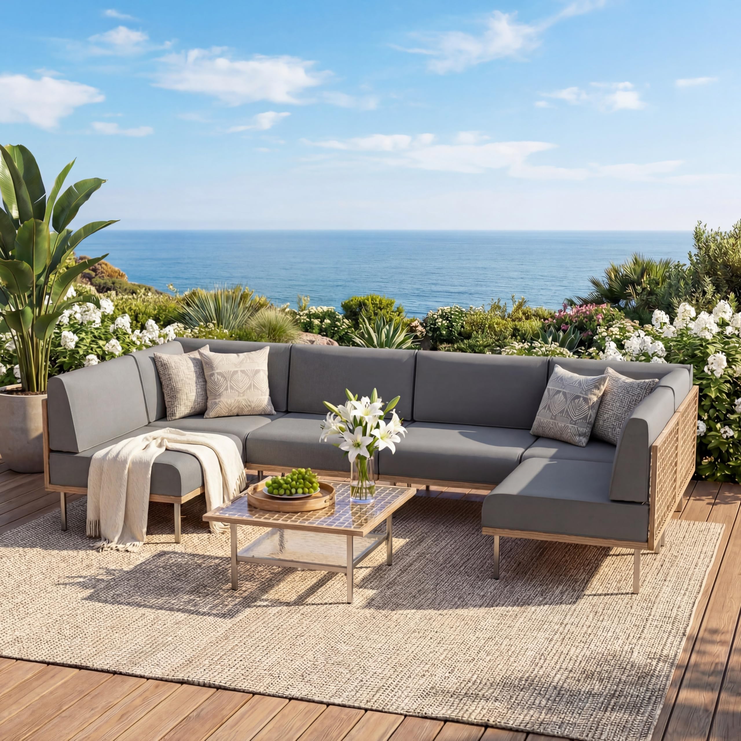 LAUSAINT HOME 7-Piece Outdoor Patio Furniture Set, Wicker Outdoor Conversation Set PE Rattan Sectional Sofa with Washable Cushions and Tempered Glass Table for Garden (Grey)