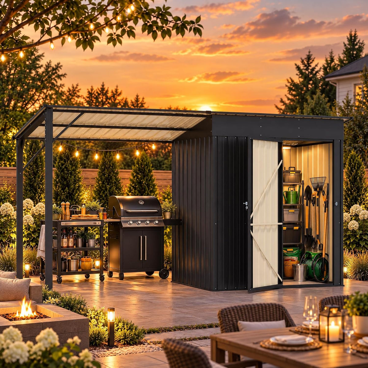 LAUSAINT HOME 10 x 3 FT 2-in-1 Metal Outdoor Storage Shed with Hardtop Gazebo, Lockable Galvanized Steel Lean-to Tool Shed with Sloped Roof, Black