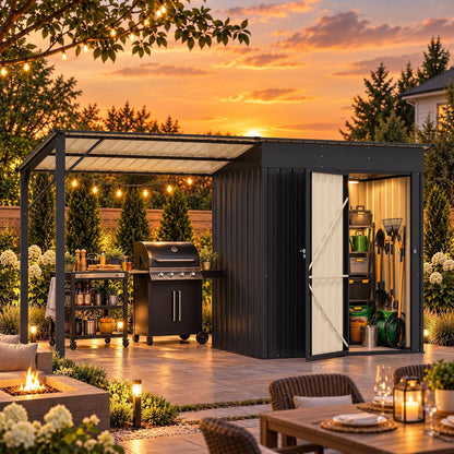 LAUSAINT HOME 10 x 3 FT 2-in-1 Metal Outdoor Storage Shed with Hardtop Gazebo, Lockable Galvanized Steel Lean-to Tool Shed with Sloped Roof, Black