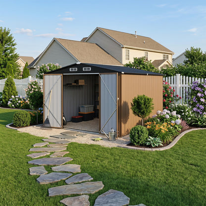 LAUSAINT HOME 10 x 3 FT 2-in-1 Metal Outdoor Storage Shed with Hardtop Gazebo, Lockable Galvanized Steel Lean-to Tool Shed with Sloped Roof, Black