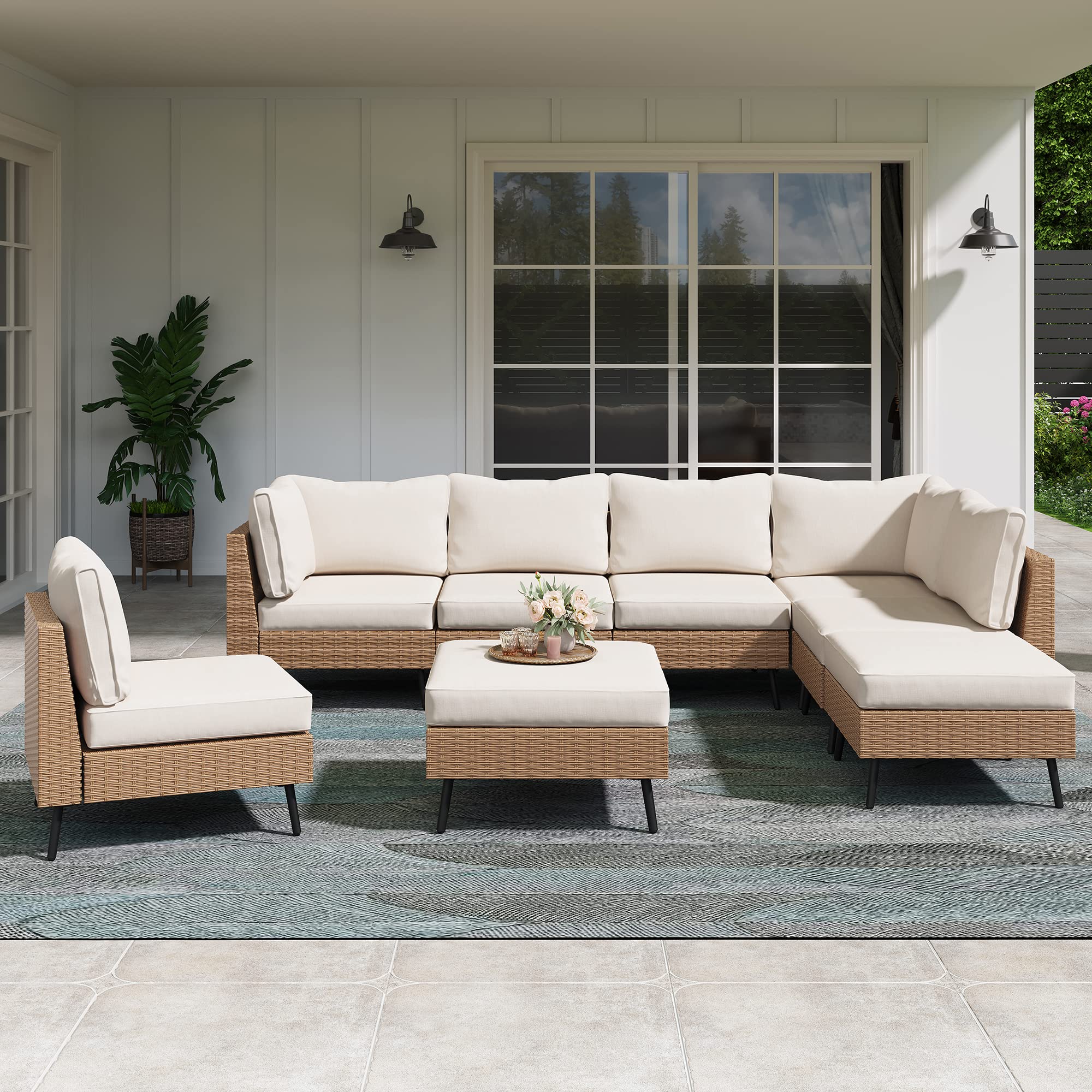 LAUSAINT HOME Outdoor Patio Furniture, 6 Piece Outdoor Sectional Sofa PE Rattan Wicker Patio Conversation Sets, All Weather Patio Furniture Set with Thick Cushions for Garden, Backyard(Beige)