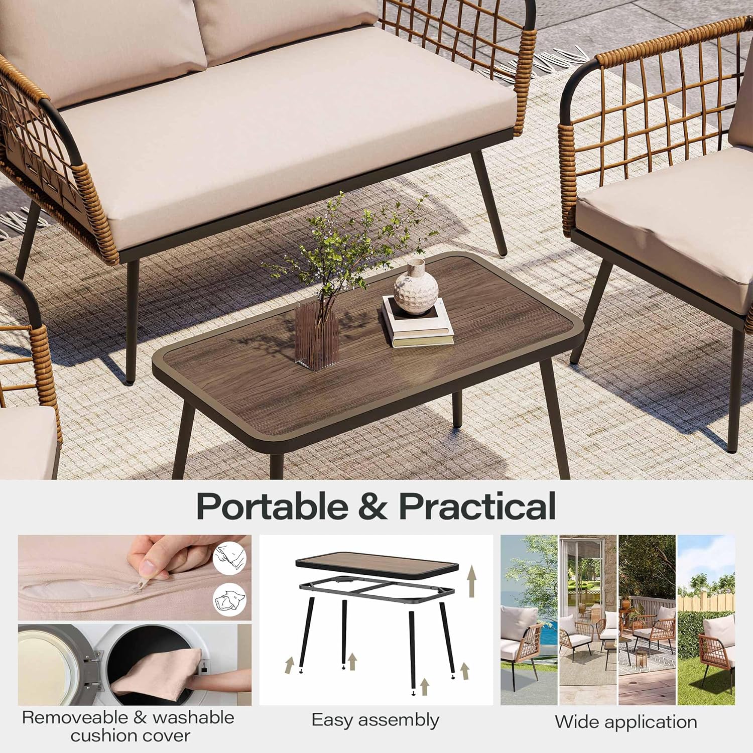 LAUSAINT HOME L-Shaped Outdoor Furniture Set, Wicker Rattan Patio Sectional