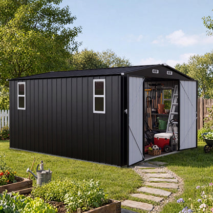 LAUSAINT HOME 8 x 6 FT Outdoor Storage Shed with Window, Galvanized Steel Storage Shed, Double Lockable Doors, Gable Roof &amp; Air Vent for Backyard, Brown