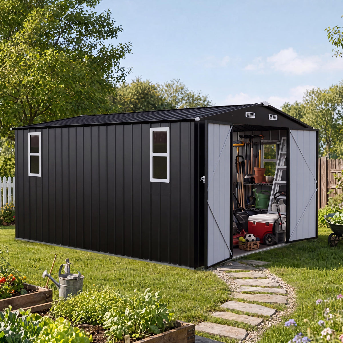 LAUSAINT HOME 10 x 3 FT 2-in-1 Metal Outdoor Storage Shed with Hardtop Gazebo, Lockable Galvanized Steel Lean-to Tool Shed with Sloped Roof, Black