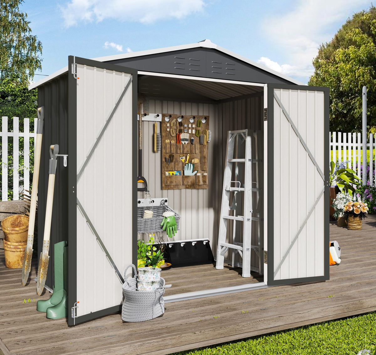 LAUSAINT HOME 10 x 3 FT 2-in-1 Metal Outdoor Storage Shed with Hardtop Gazebo, Lockable Galvanized Steel Lean-to Tool Shed with Sloped Roof, Black