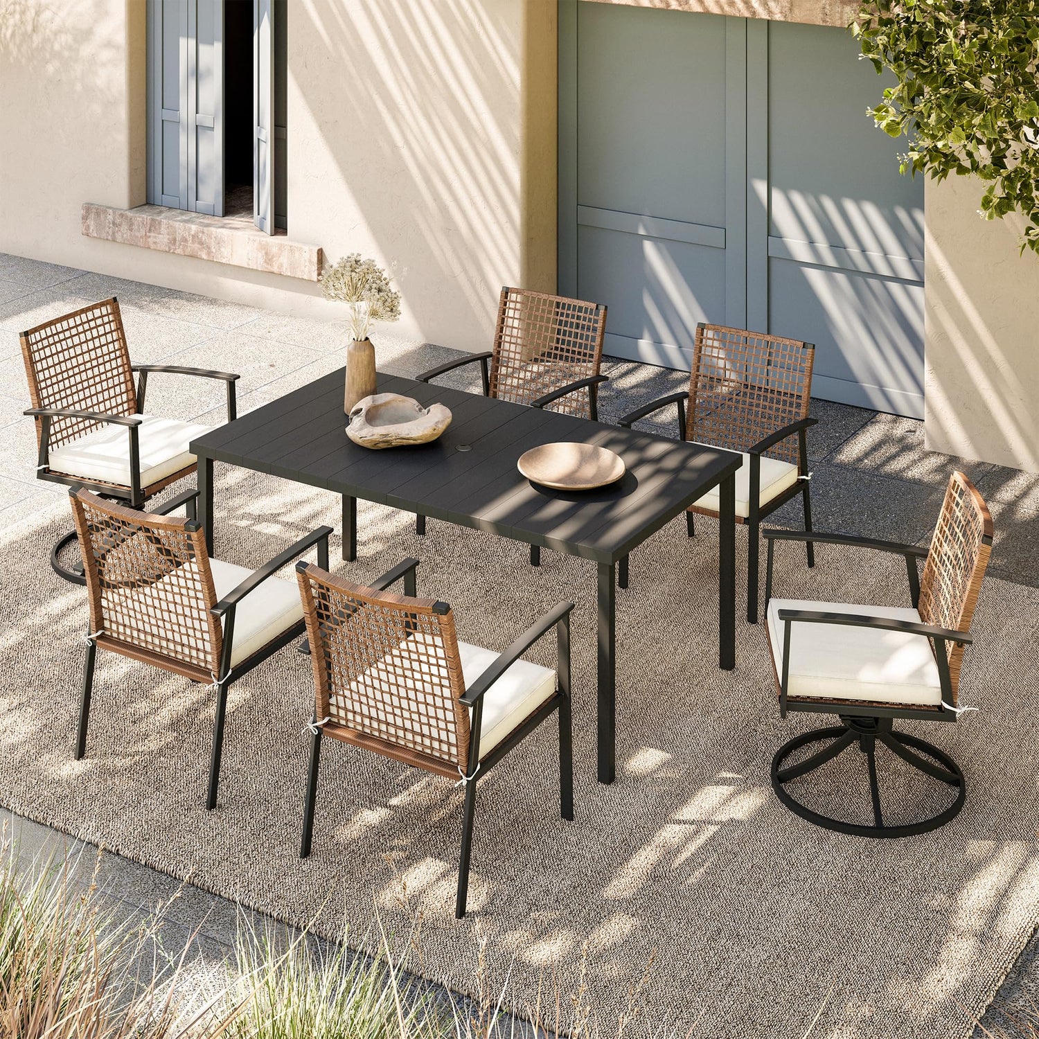 LAUSAINT HOME 7 Pieces Patio Dining Set, Outdoor Furniture Set of 6 Wicker Chairs (2 of Them Swivel) with Soft Cushion and Iron Slats Table Top with Umbrella Hole, Conversation Set for Backyard