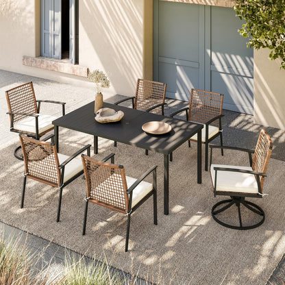 LAUSAINT HOME 7 Pieces Patio Dining Set, Outdoor Furniture Set of 6 Wicker Chairs (2 of Them Swivel) with Soft Cushion and Iron Slats Table Top with Umbrella Hole, Conversation Set for Backyard