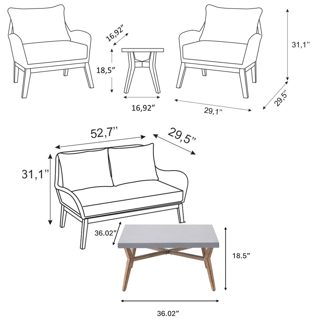 CANOPY 5 Pieces Patio Furniture Set with Sunbrella Cast Ash Fabric, 1 Table and 1 loveseat