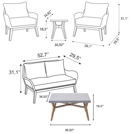 CANOPY 5 Pieces Patio Furniture Set with Sunbrella Cast Ash Fabric, 1 Table and 1 loveseat