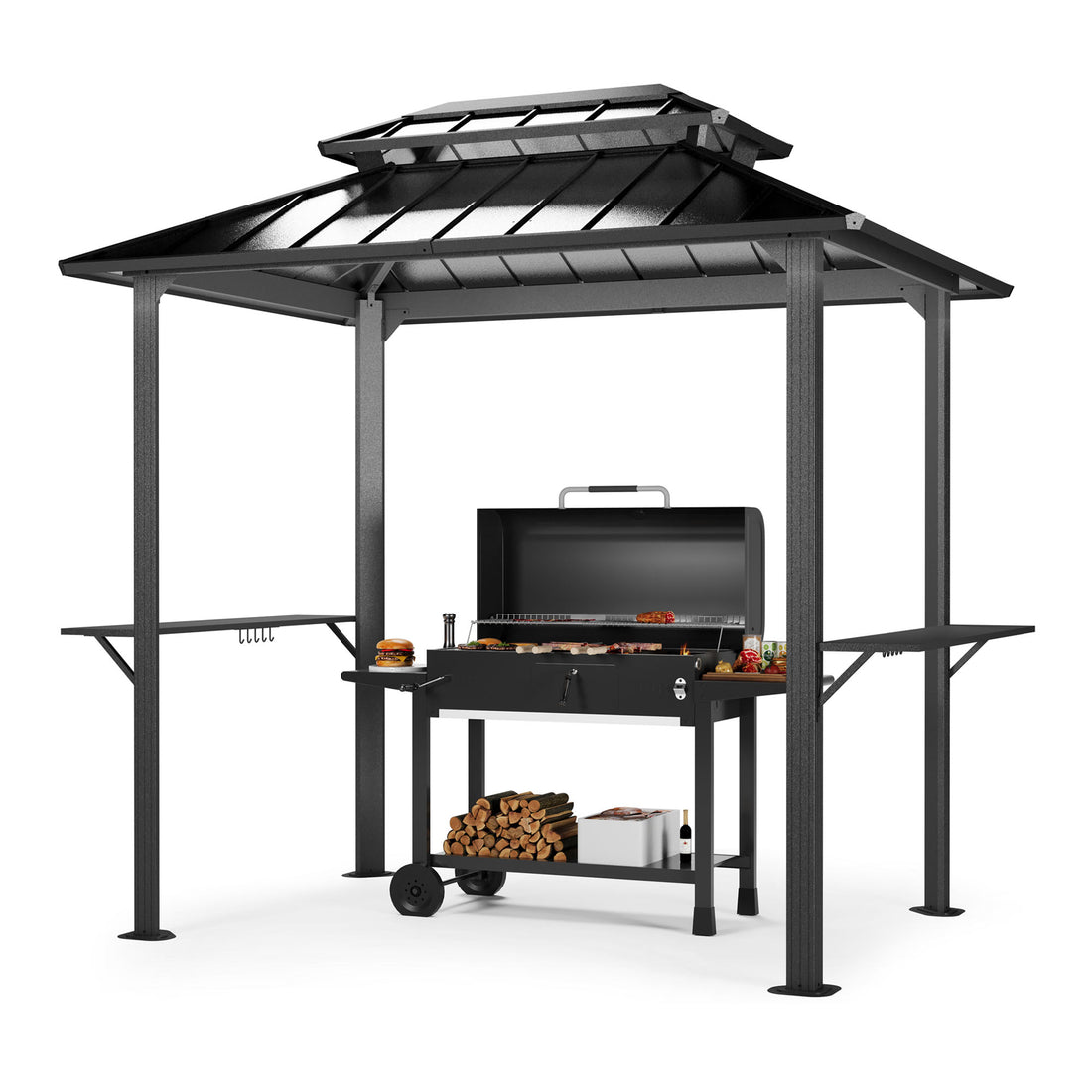 LAUSAINT HOME 8x6 ft Hardtop Double Roof Grill Gazebo, Black