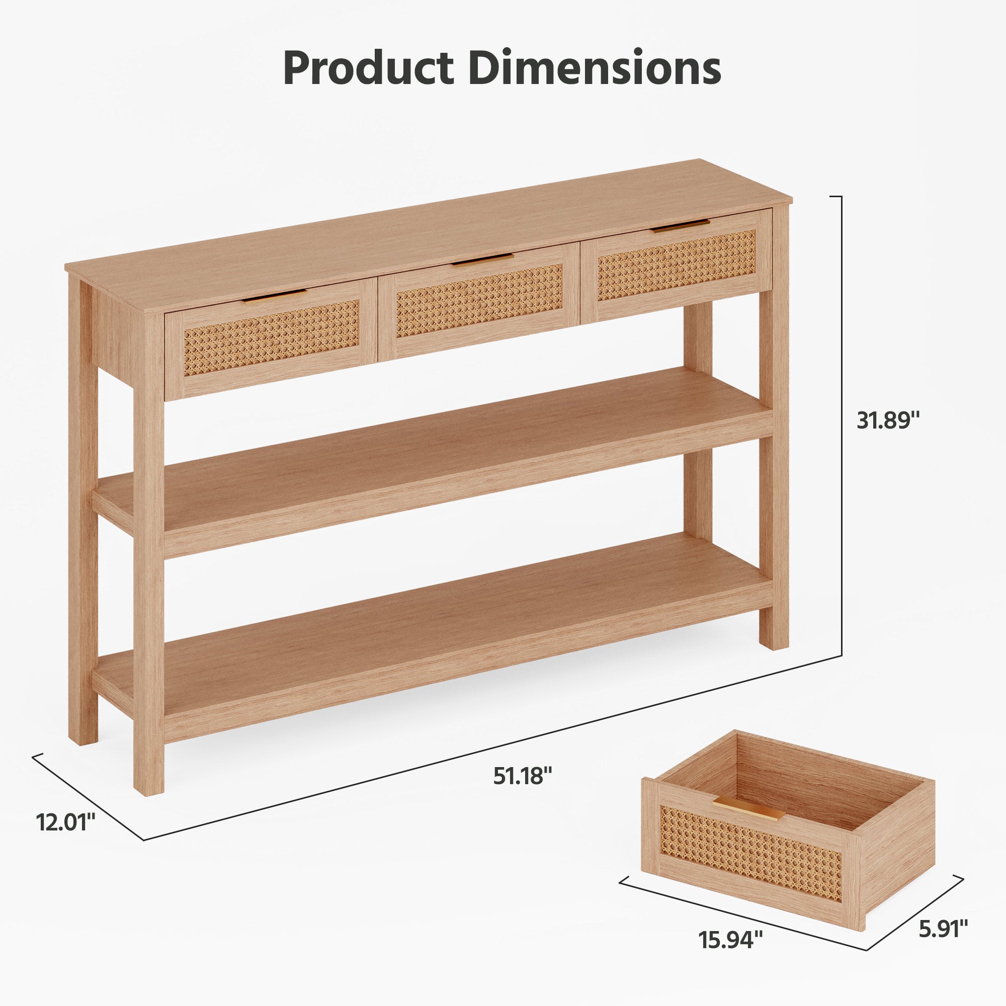 Narrow Console Table Behind Couch, 51&quot; Entryway Table with 3 Ratten Drawers