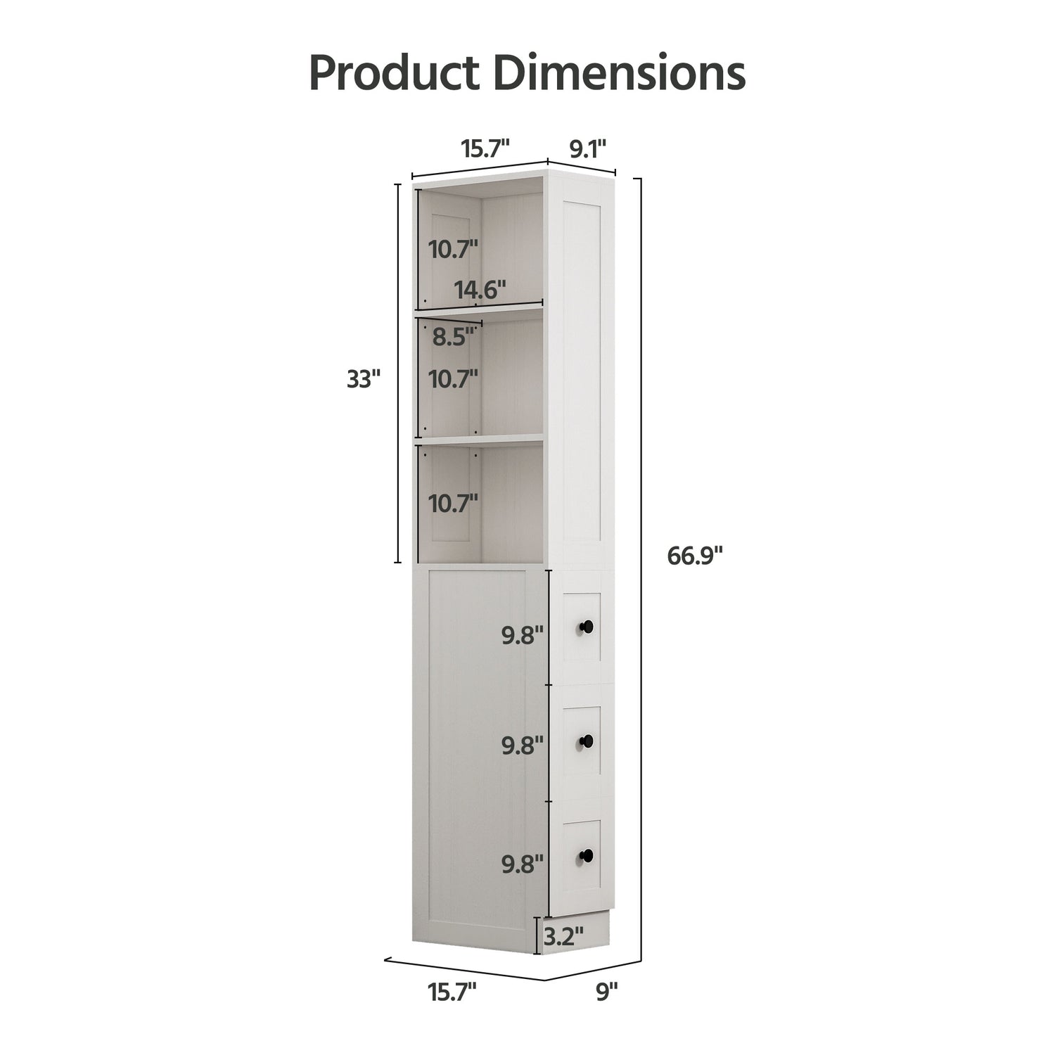 Bathroom Storage Cabinet Tall Thin White Cabinet with 3 Adjustable Shelves