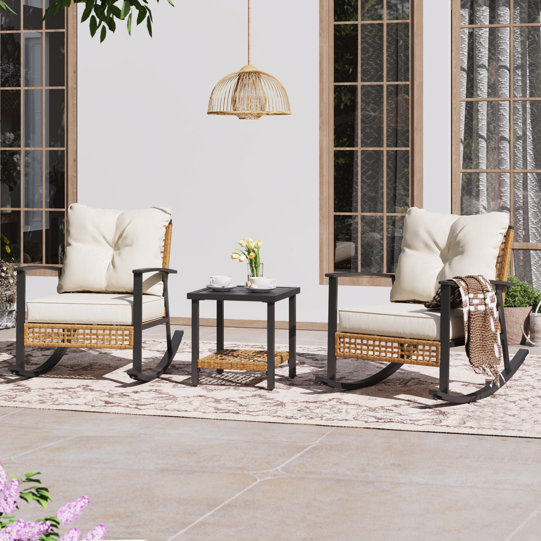 3 Pieces Rocking Bistro Set with Outdoor Solar Table Lamp