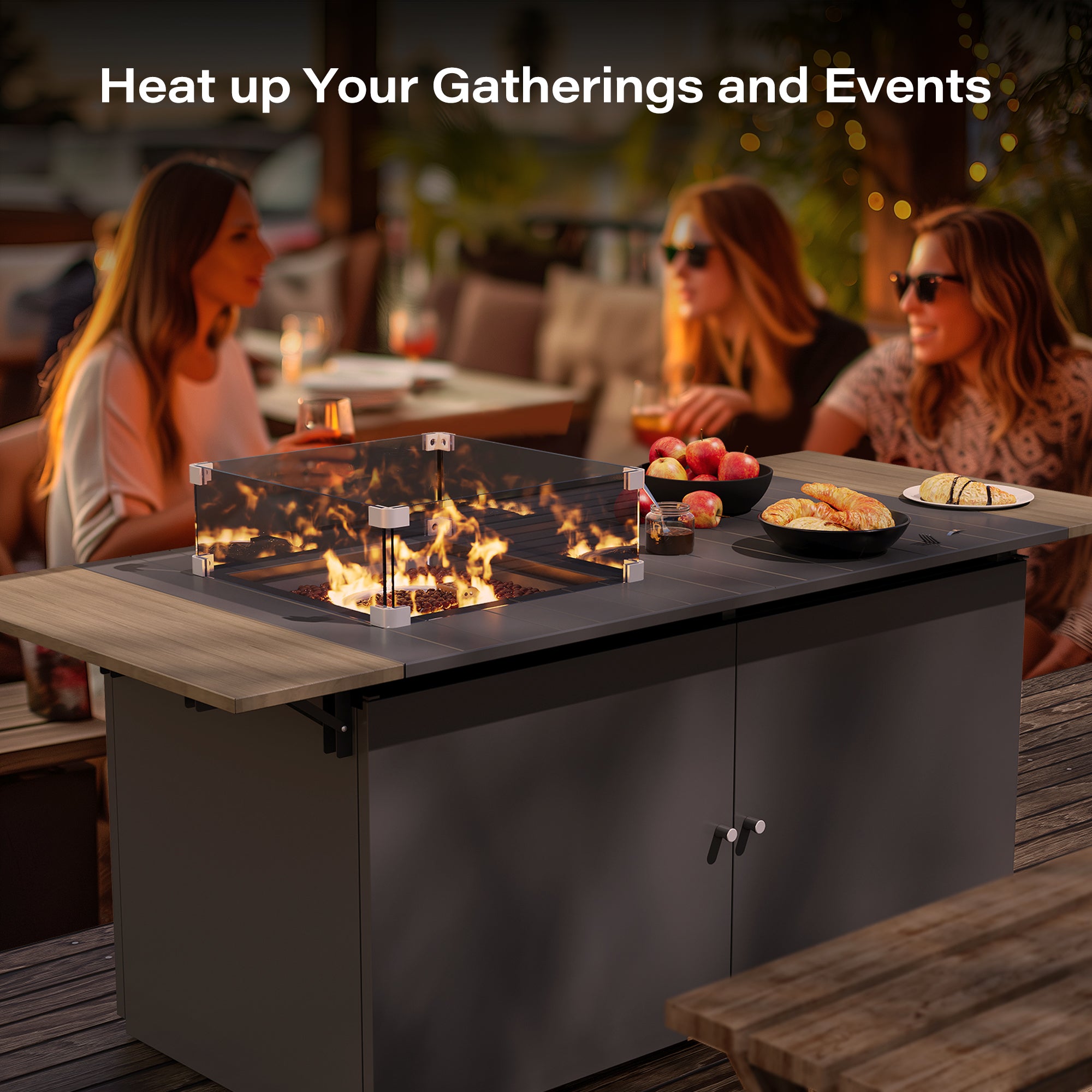 LAUSAINT HOME 64 Inch Outdoor Fire Pit Table 55,000 BTU Gas Fire Pit with Lid with Glass Wind Guard for Outside Patio