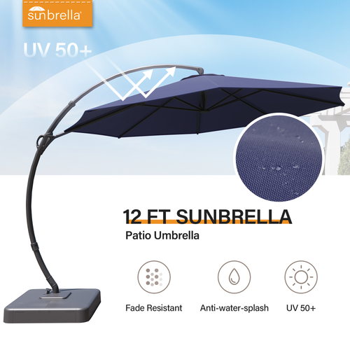 LAUSAINT HOME 12 FT Deluxe Curvy Cantilever Umbrella with 360° Rotation Outdoor Patio Umbrella with Base