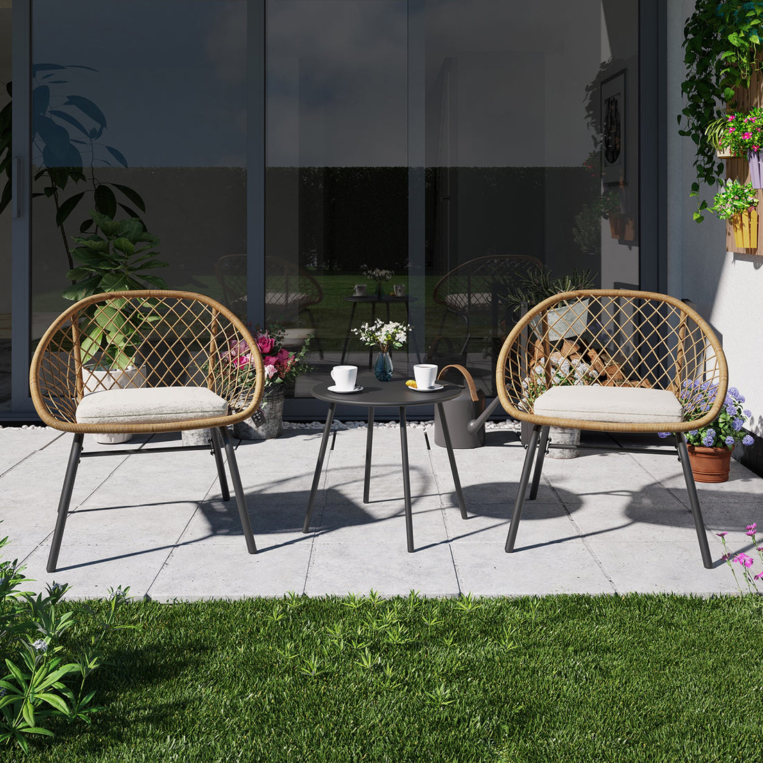 3-piece Wicker Bistro Set with Outdoor Solar Table Lamp