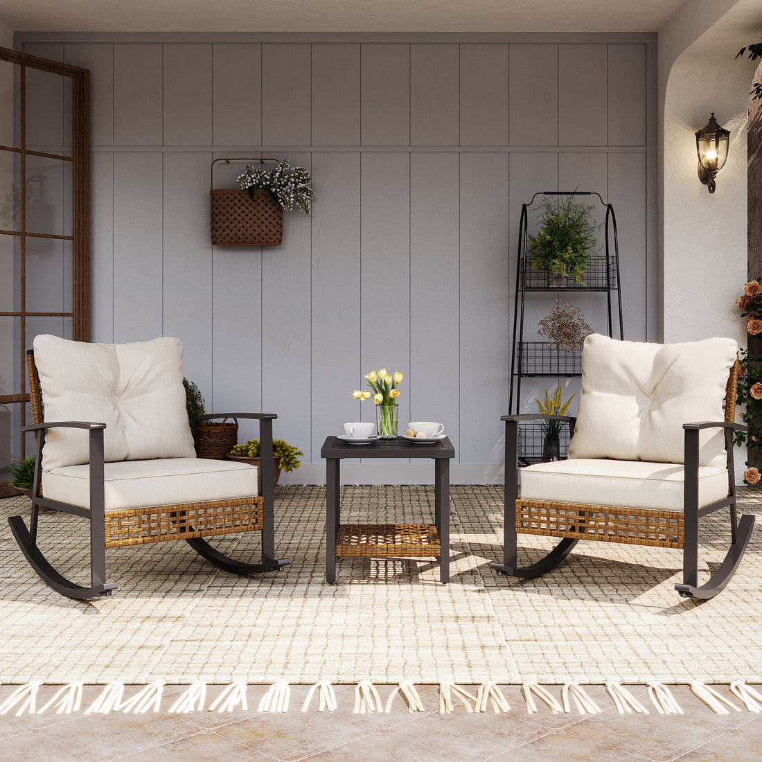 LAUSAINT HOME 3-Piece Rocking Bistro Set, Oversize Rattan Conversation Set