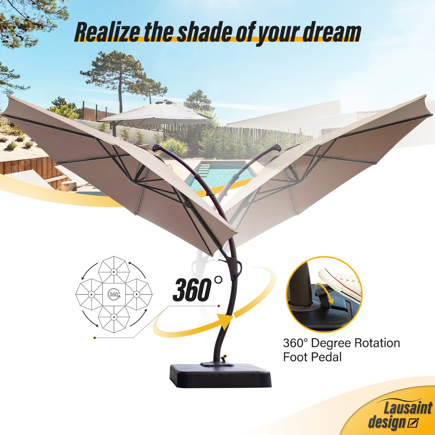 LAUSAINT HOME 12 FT Updated Outdoor Cantilever Umbrella, Offset Cantilever Umbrella with 360° Rotation Design Garden, Pool, Backyard