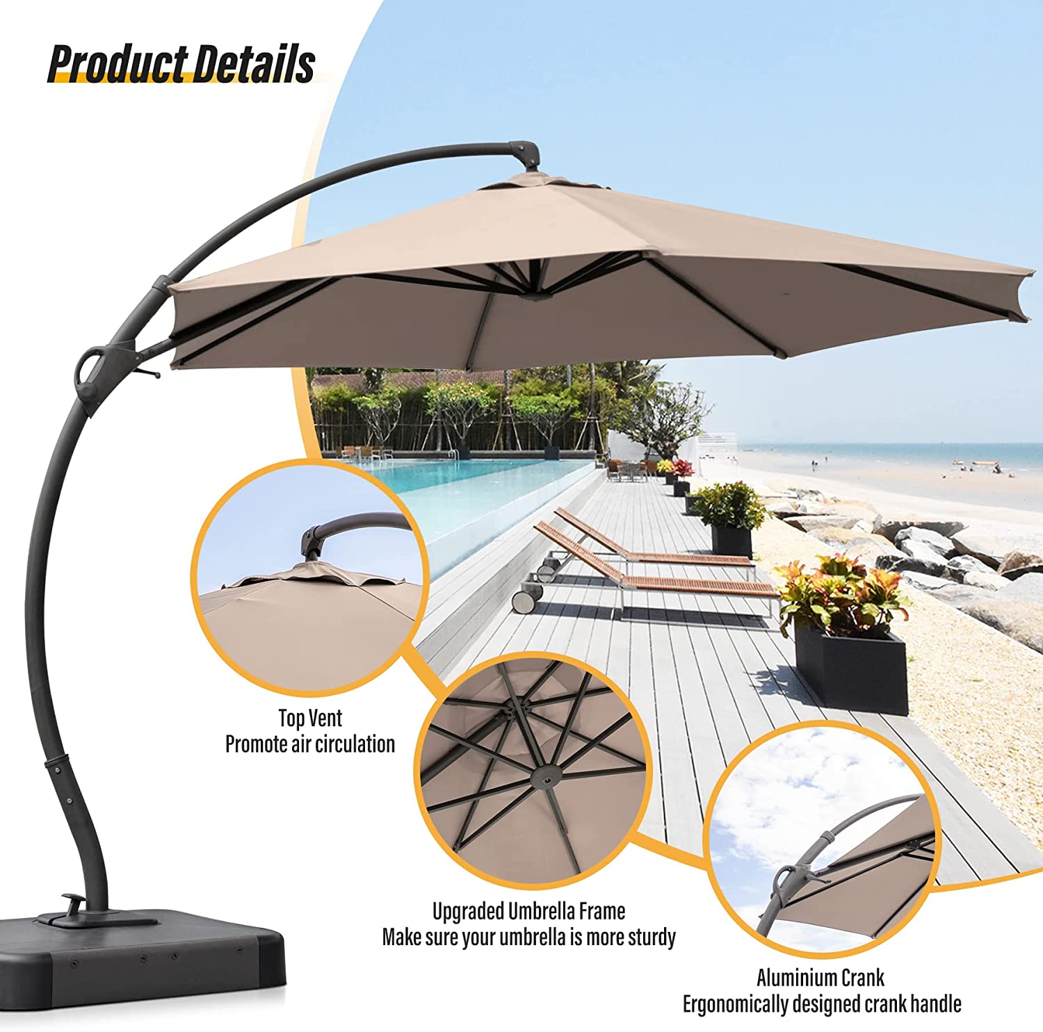 LAUSAINT HOME 12 FT Updated Outdoor Cantilever Umbrella